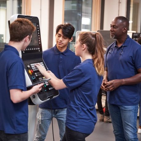 工程师向学徒展示如何使用数控刀具制造机